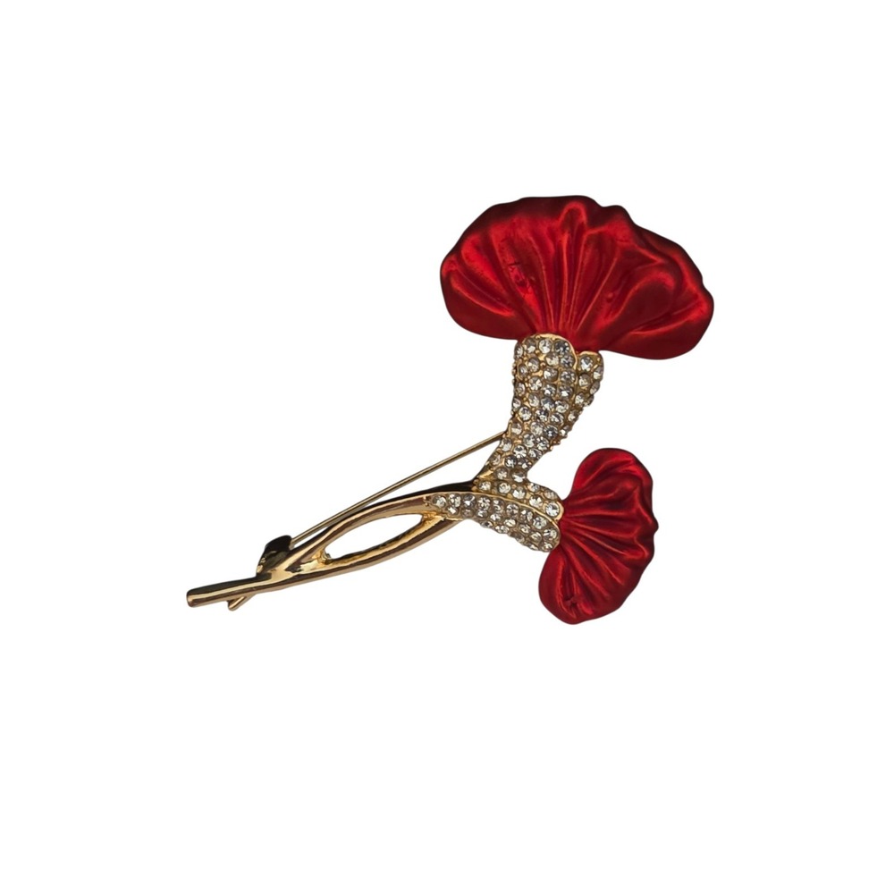 Red Enamel Floral Rhinestone Gold-Tone Brooch